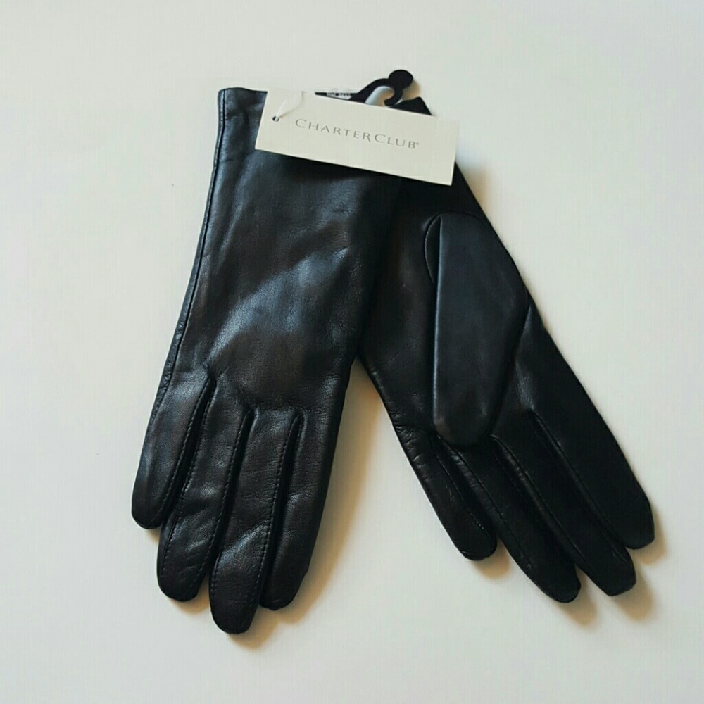 Charter Club women black gloves leather warm size M New